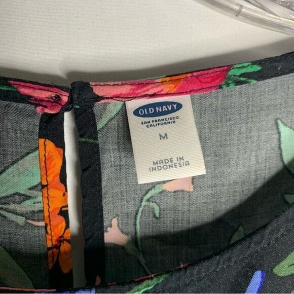 Old Navy Black Multi Color Floral Flare Flounce Sleeve Shift Dress Rayon M - Picture 10 of 11